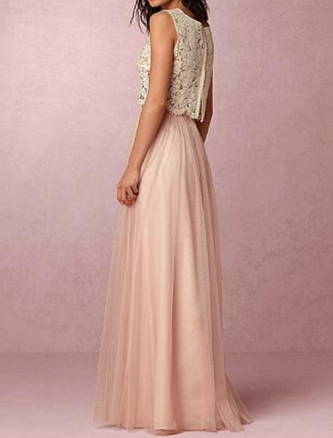 Abito da damigella d'onore a trapezio, senza maniche, due pezzi, lunghezza pavimento, in chiffon/pizzo con pieghe